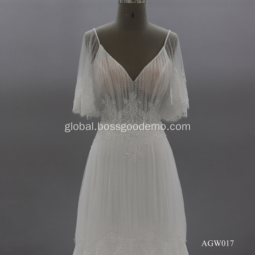 China Sexy Illusion Backless V Neck Sweep Train Lace Fashion Bride Short Sleeve  Wedding Dress Manufactory